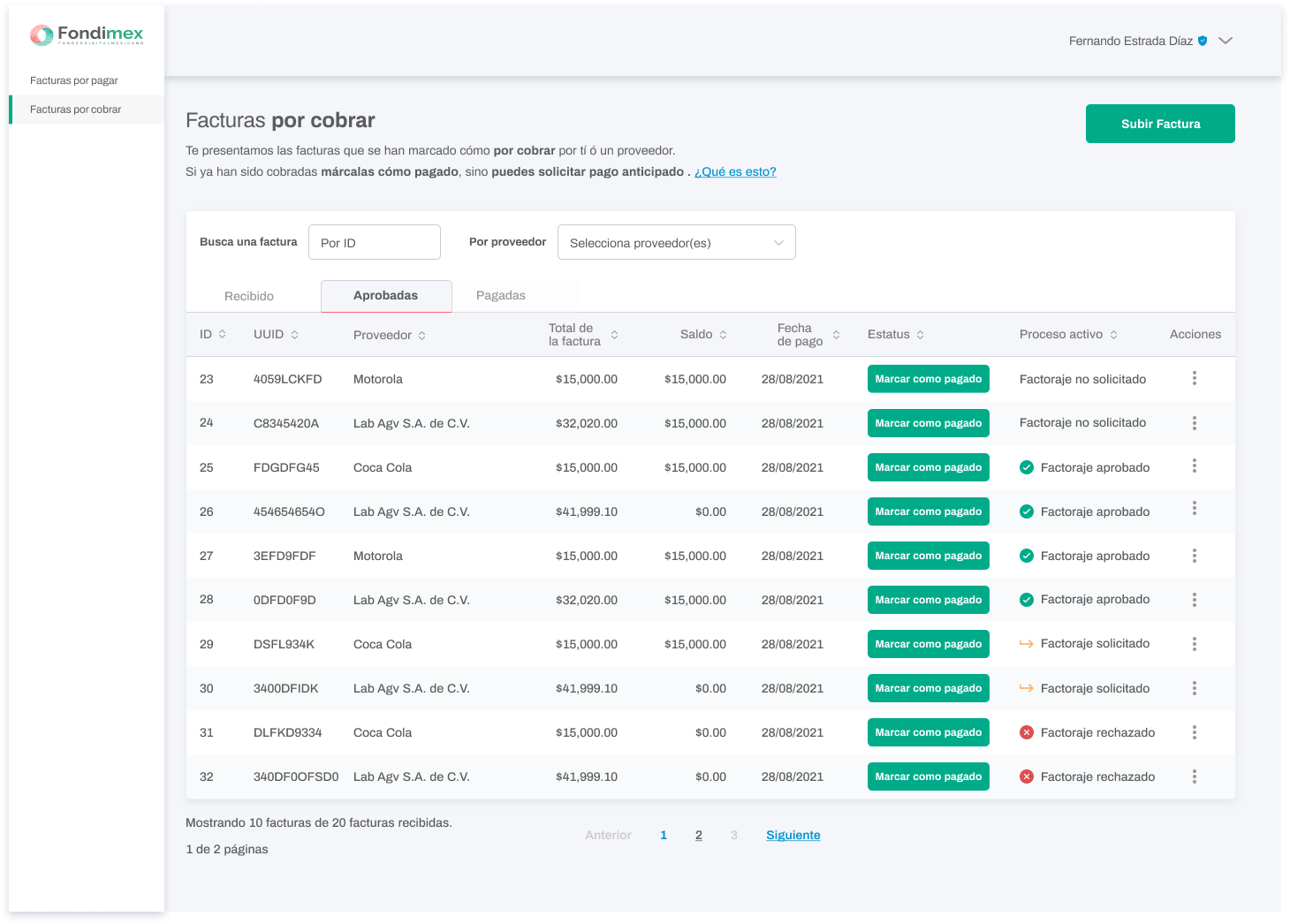 Fondimex Accounts Receivable interface showing invoice and factoring states
