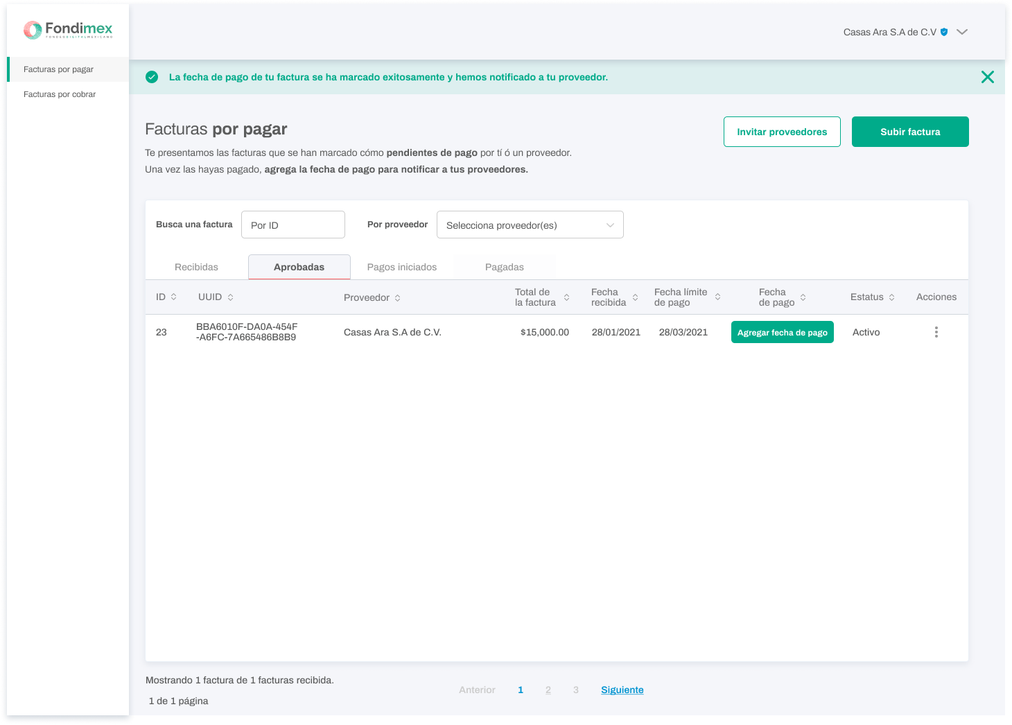 Fondimex Accounts Payable interface showing payment and invoice management