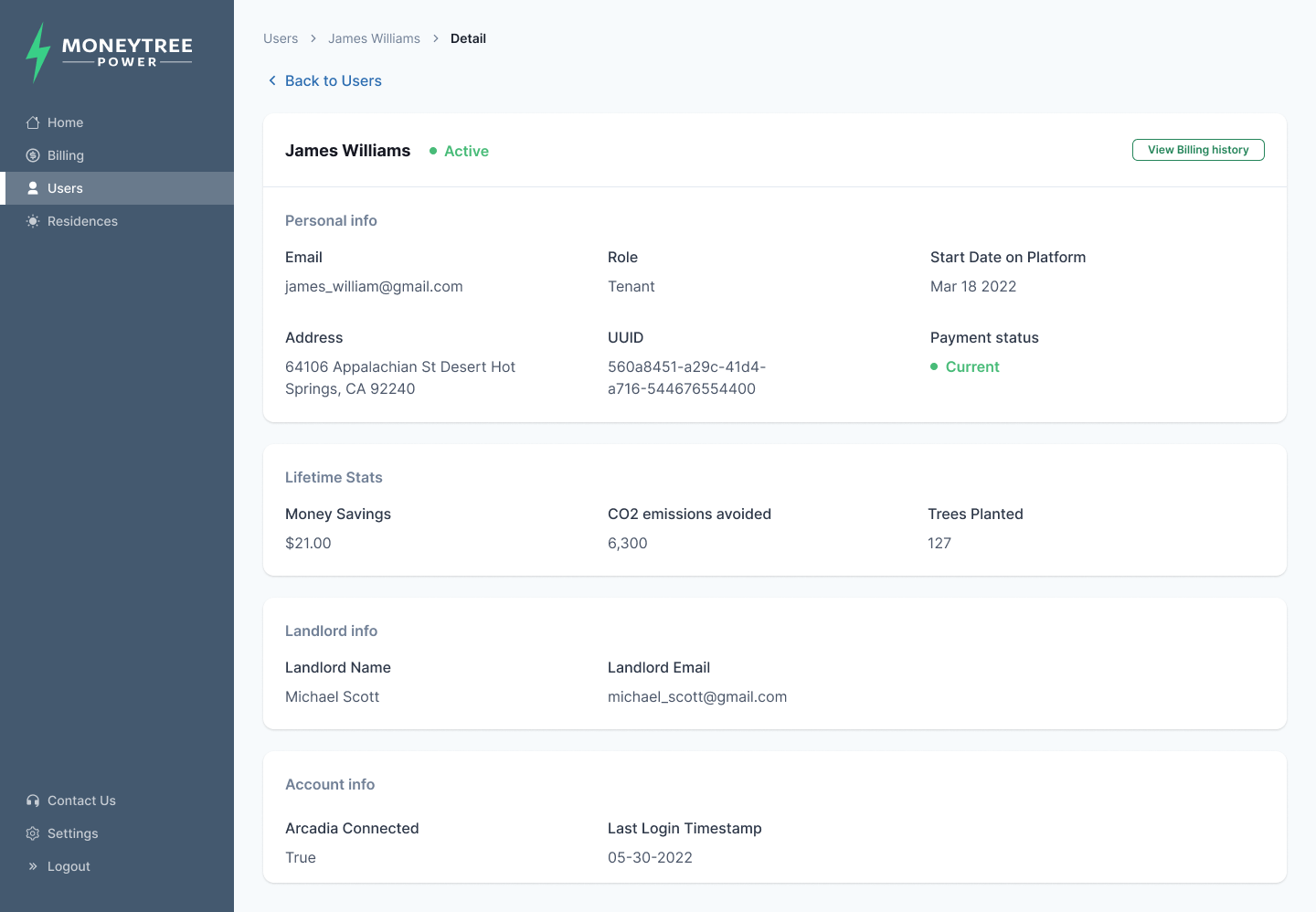 MoneyTree Admin user detail interface showing personal information, payment status, lifetime impact, landlord relationships, and account information