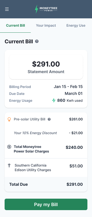 MoneyTree Tenant Mobile current bill experience showing utility charges, solar charges, savings, energy usage, and total due